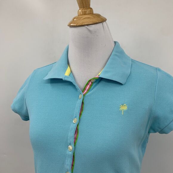 Lilly Pulitzer Shirt Womens S Small Aqua Polo Stretch Slit Hem Cap Sleeve *READ - Picture 3 of 12